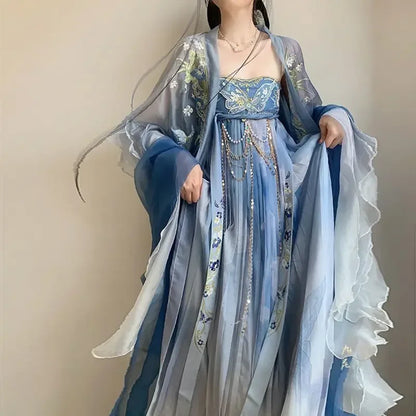 Blue women's embroidery Hanfu Chinese traditional style round neck robe girl spring and summer new adult performance gown - Dhavinci