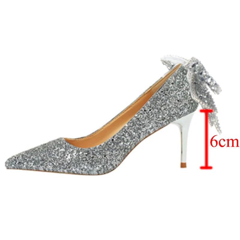 Bling Sequins Women's Pumps - Silver Shiny Bowknot High Heels - Dhavinci