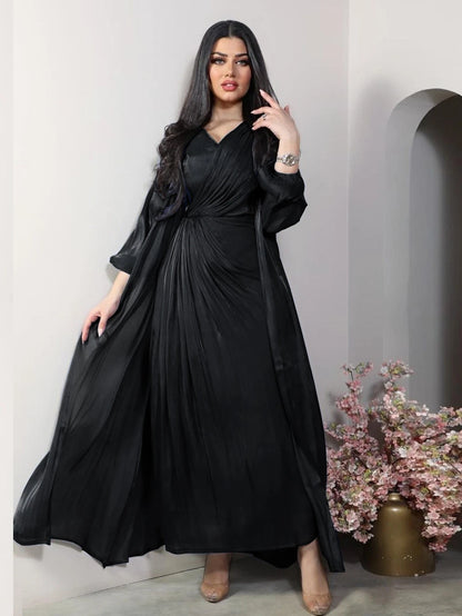 Morocco Party Dress 2 Piece Set | Silky Satin Eid Caftan Abaya - Dhavinci