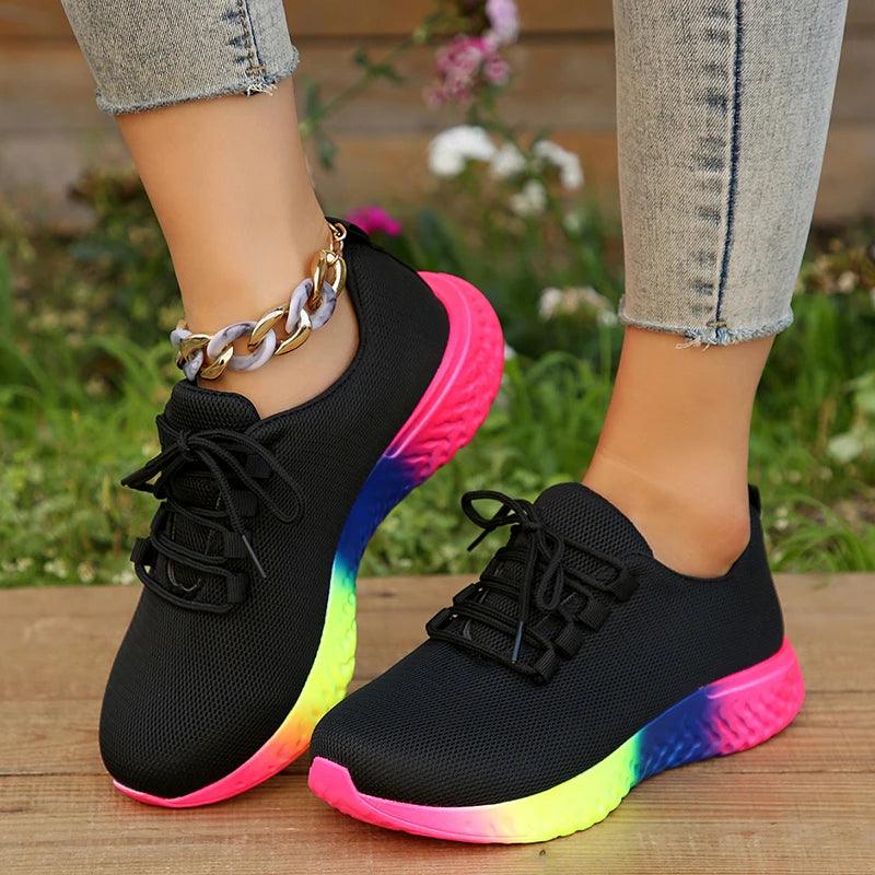 Rainbow Bottom Sneakers for Women | Lace-Up Breathable Mesh Flats - Dhavinci