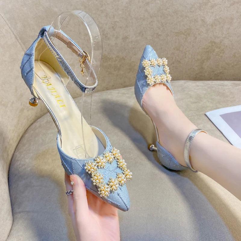 Bling Crystal Thin Heels Pumps for Women - Elegant Ankle Strap - Dhavinci