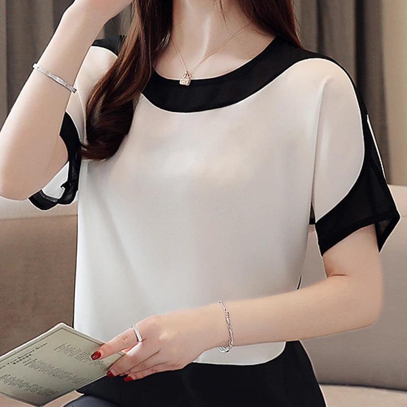 Summer White Chiffon Blouse for Women | O-Neck Short Sleeve Top - Dhavinci