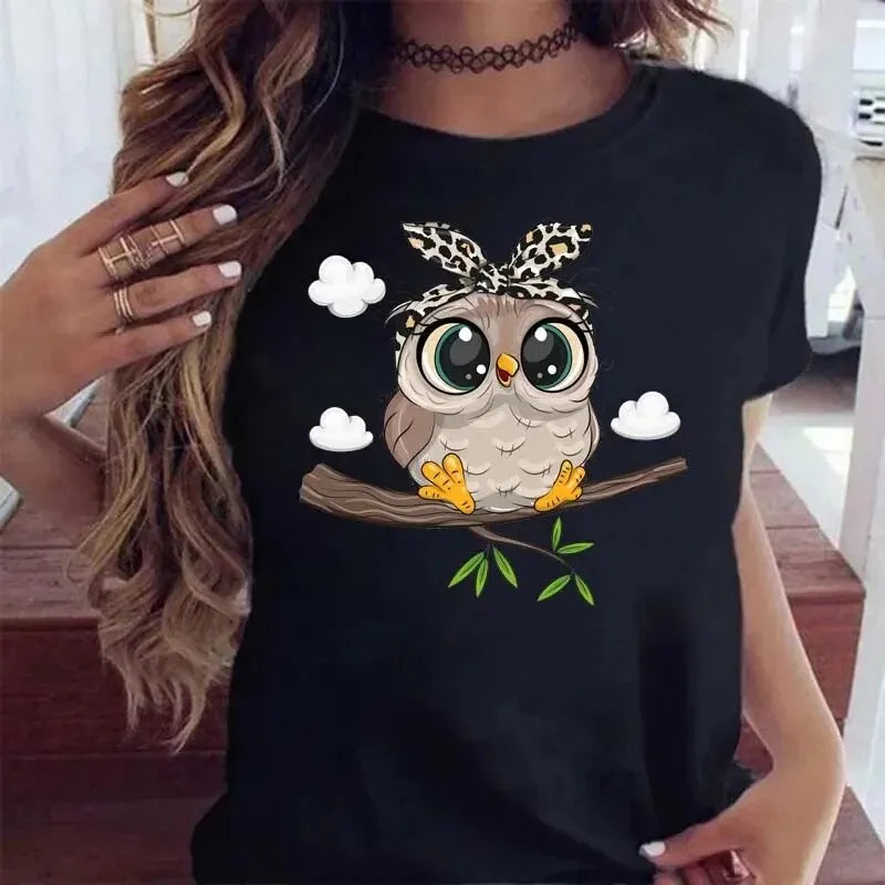 Cartoon Owl Print T Shirt Women Kawaii Graphic Shirts Casual Short Sleeved Black Female Tee O-neck Harajuku T-shirts - Dhavinci