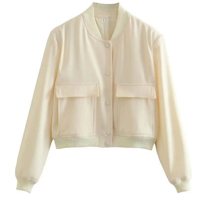 White Bomber Jacket for Women | Cropped Baseball Aviator Outerwear - Dhavinci