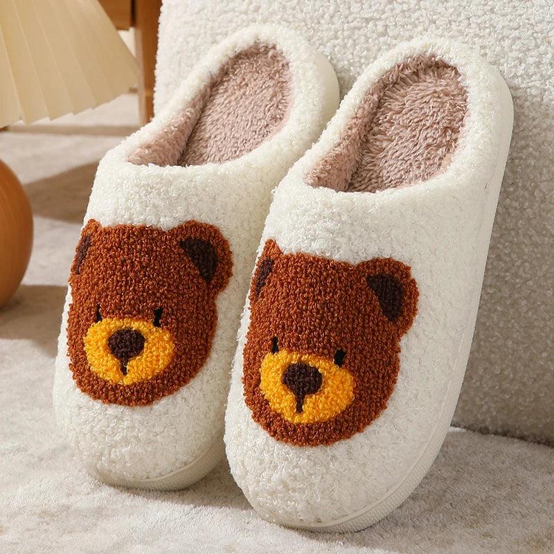 Cute Bear Print Winter Slippers for Women | Non-Slip Plush Cotton Slides - Dhavinci