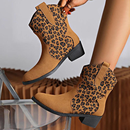 Leopard Print Western Cowboy Boots for Women | Faux Suede Ankle Boots - Dhavinci