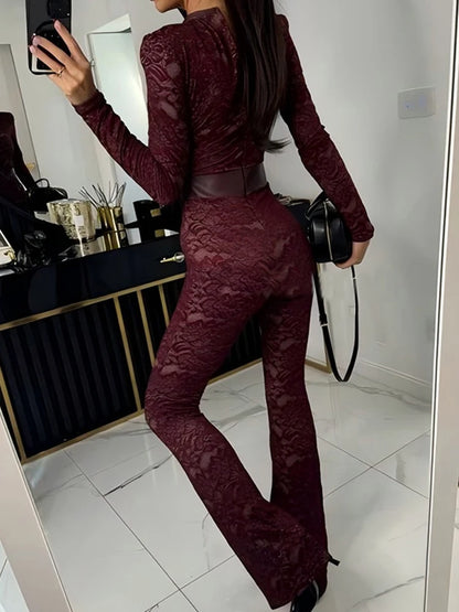 Lace Print Long Sleeve Jumpsuit Women | Slim Fit Fashion Overalls - Dhavinci