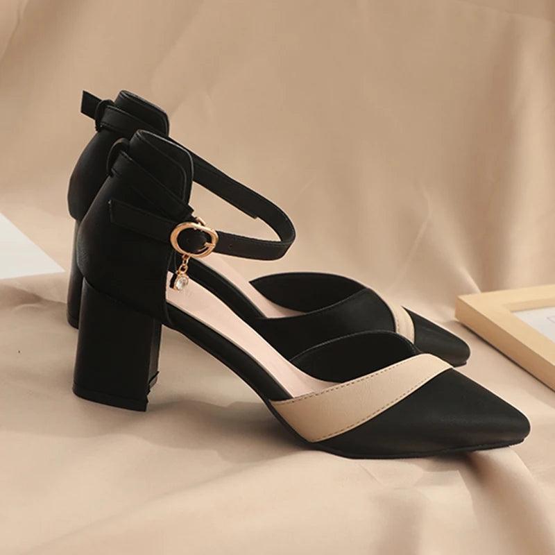 Mix Color Medium Heel Pumps for Women - Pointed Toe Ankle Strap - Dhavinci