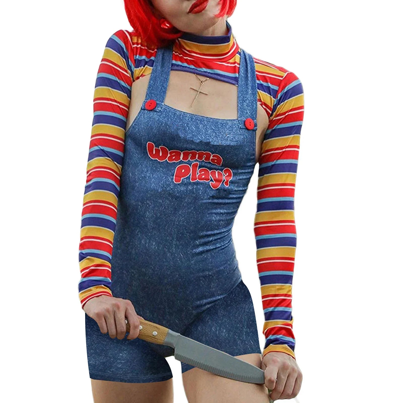 Women 2 Pcs Halloween Costumes Scary Nightmare Killer Doll Wanna Play Movie Character Bodysuit Chucky Doll Cosplay Costume Set - Dhavinci