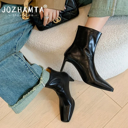 JOZHAMTA Size 34-43 Women Ankle Boots Real Leather Thick High Heel Shoes Fall Winter 2025 Casual Office Lady Dress Short Booties - Dhavinci