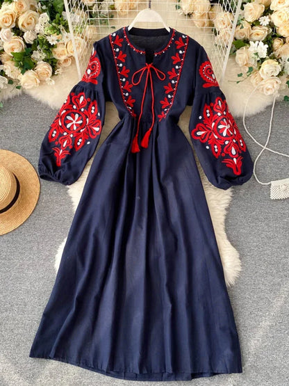 Women Autumn Dresses Bohemian Embroidered Flower O-Neck Lantern Sleeve High Waist Pleated Dress All-match Female Vestidos PL393 - Dhavinci