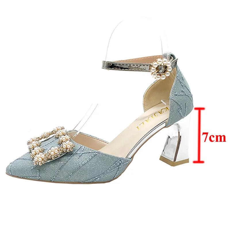 Bling Crystal Thin Heels Pumps for Women - Elegant Ankle Strap - Dhavinci