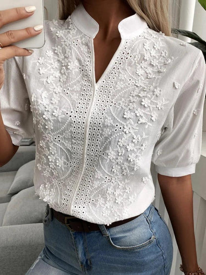 Vintage Embroidered Blouse | Women’s V-neck Lantern Sleeve Top - Dhavinci