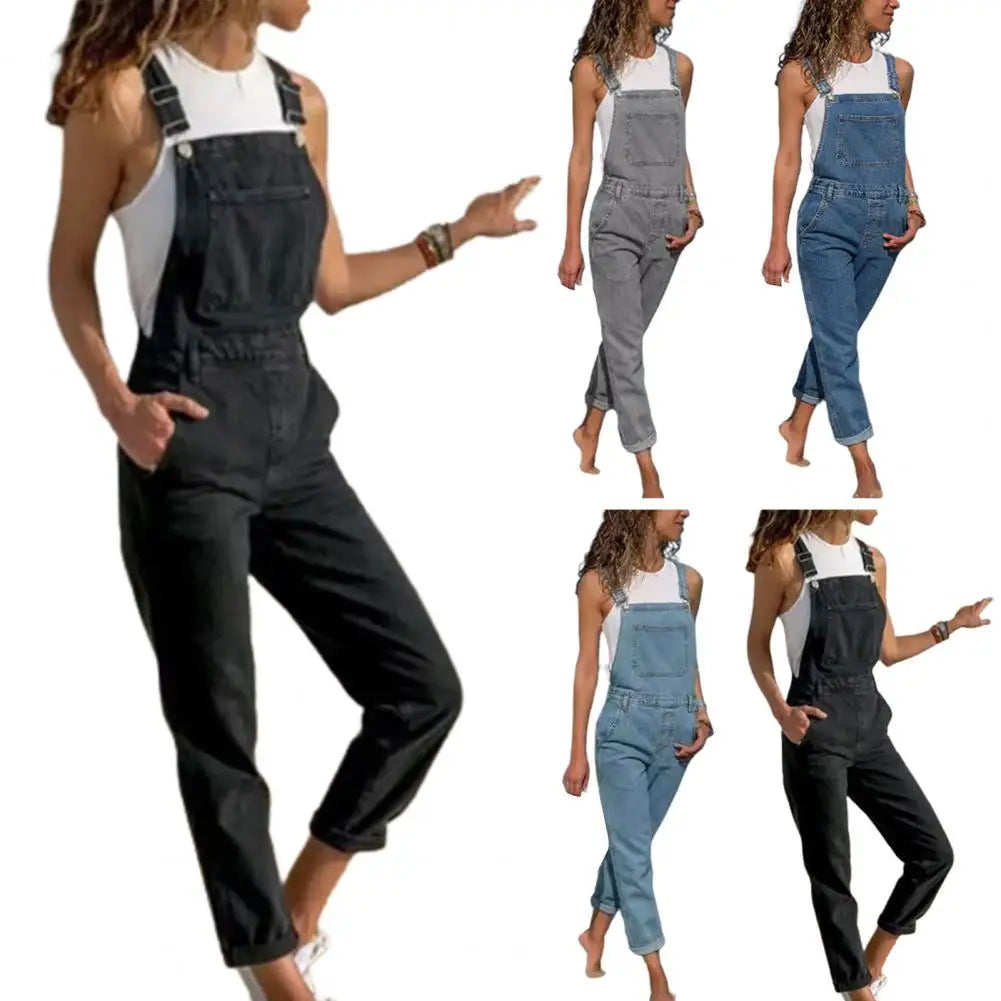 Denim Overalls with Pockets Stylish Plus Size Denim Jumpsuit with Adjustable Straps Side Pockets Women's Loose Backless for A - Dhavinci