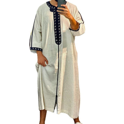 Men's White Muslim Robe | Djellaba with Stripe Print - Dhavinci