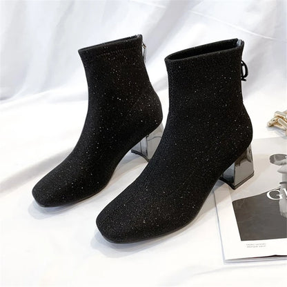 Elastic Sequined Sock Boots for Women - Metal Square Heel - Dhavinci