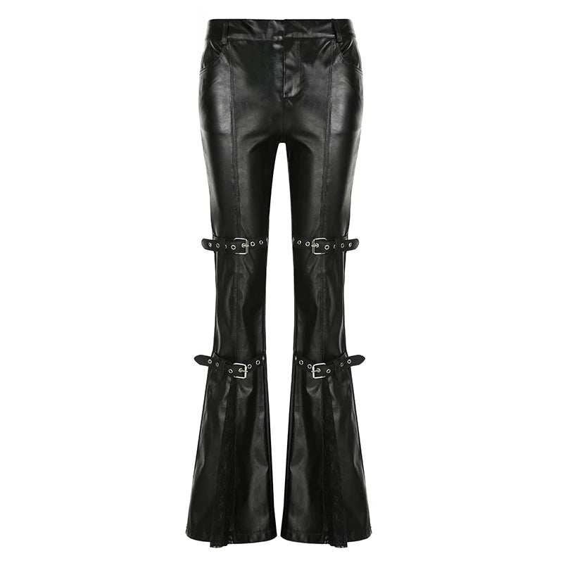 Faux Leather Flare Pants | Women’s Goth Buckle Lace Streetwear - Dhavinci