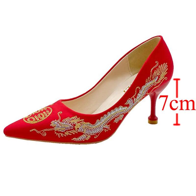 Red Embroidered Bridal Shoes - Elegant Chinese Style High Heels - Dhavinci