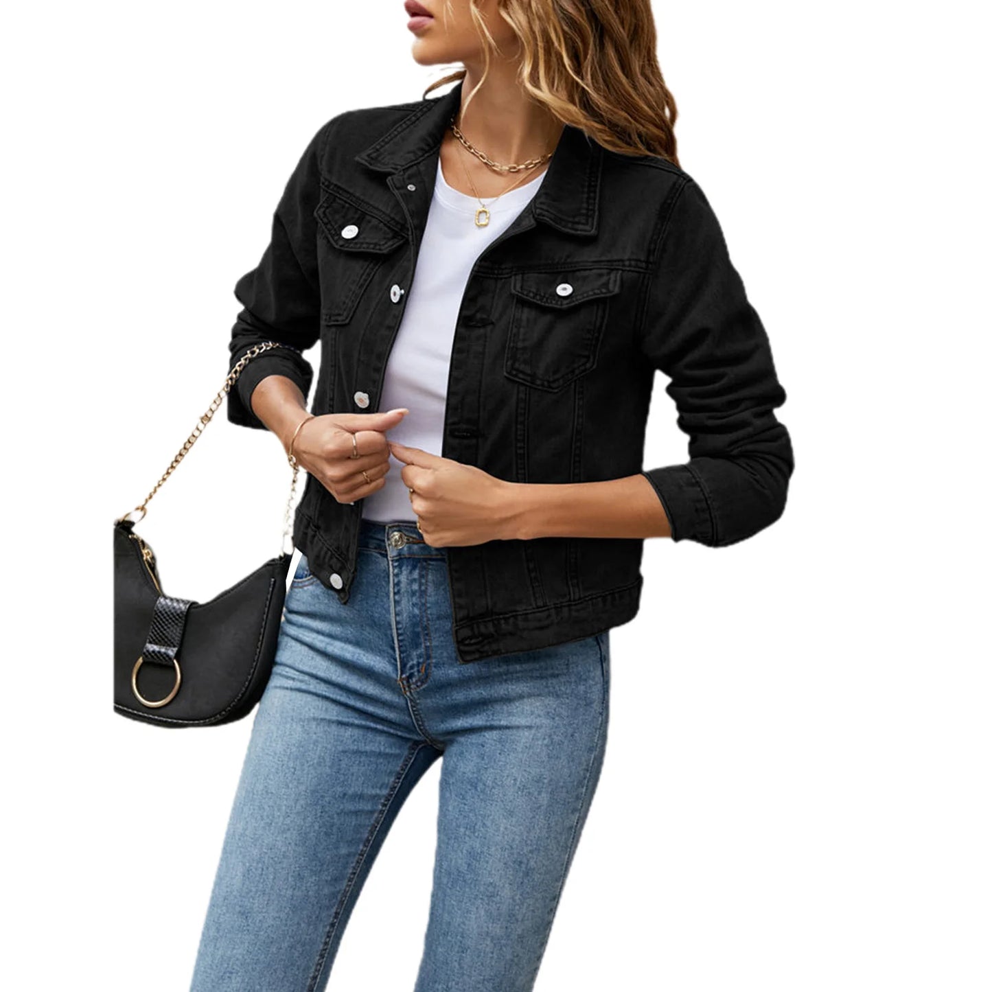 Women's Denim Jackets Fashion Female Casual Long Sleeve Lapel Solid Button Down Chest Pocket Slim Jean Jacket Fall Winter Coat - Dhavinci