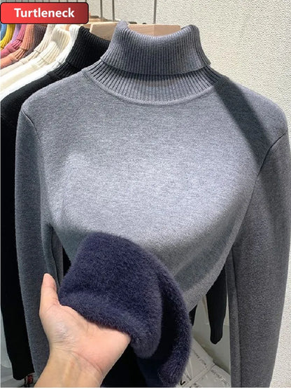 Elegant Turtleneck Winter Sweater for Women | Velvet Lined Knitted Pullover - Dhavinci