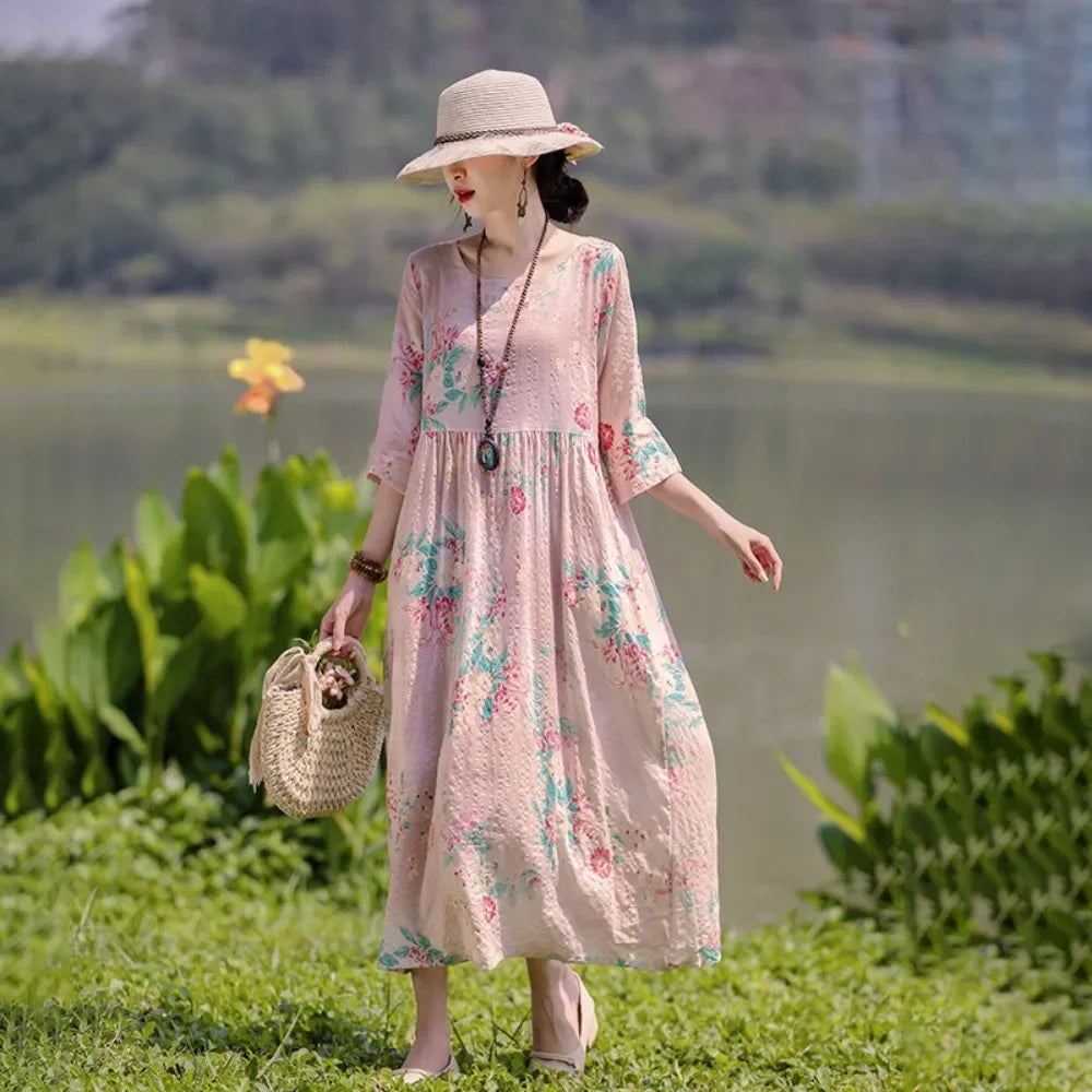 Elegant Comfortable Loose Streetwear Women Clothing Summer Dress for Women Fashion Casual Vintage Ethnic Style Clothes Print - Dhavinci