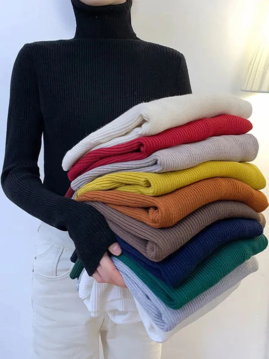 ZOKI New 2023 Women Pullover Turtleneck Sweater Autumn Long Sleeve Slim Elastic Korean Simple Basic Cheap Jumper Solid Color Top - Dhavinci