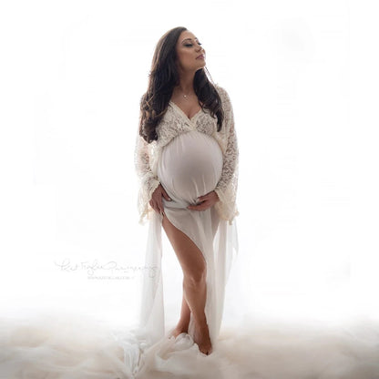 Lace Boho Maternity Photography Dresses Sexy V-neck Chiffon Pregnancy Baby Showers Dress Pregnant Women Photo Shooting Gowns - Dhavinci