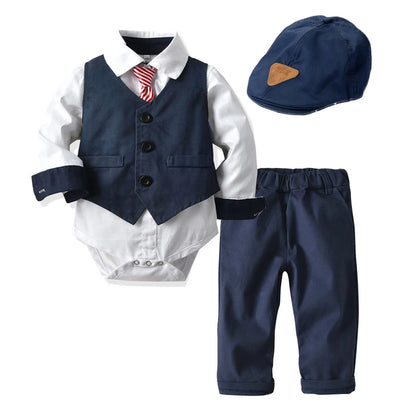 4-Piece Baby Boy Clothing Set | Autumn Infant Tops, Vest & Overalls