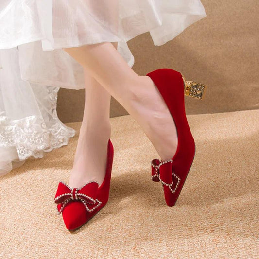 Red Bowtie Crystal High Heels - Elegant Bridal Pumps - Dhavinci