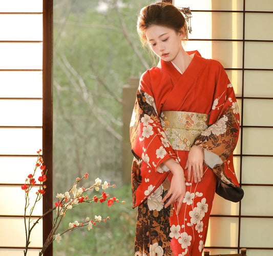 Elegant Red Kimono for Women | Traditional Yukata & Haori Style - Dhavinci