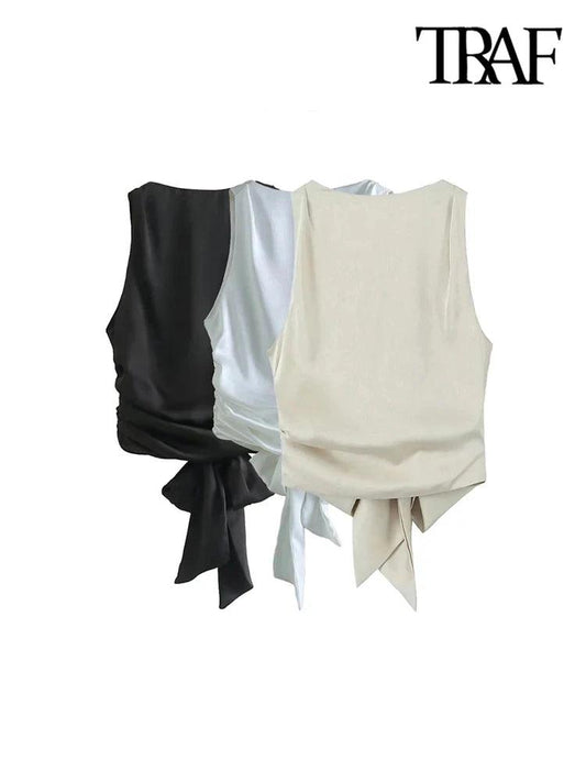 Sexy Satin Tied Back Open Crop Blouse for Women | O Neck Sleeveless - Dhavinci