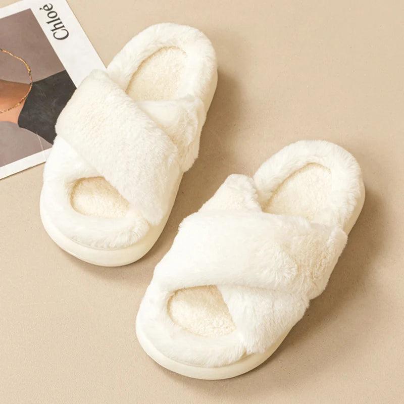 Thick Platform Fur Slippers for Women | Winter Plush Non-Slip Slides - Dhavinci