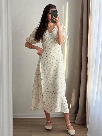 Casual Women's Summer Dresses 100% Cotton Floral Print A-line Midi Dress with Side Slits Long Elegant White Dress for Women 2024 - Dhavinci