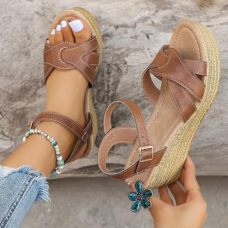 Fashion Weave Wedge Heel Sandals for Women | Leather Chunky Platform Shoes - Dhavinci