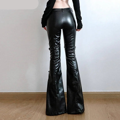 Faux Leather Flare Pants | Women’s Goth Buckle Lace Streetwear - Dhavinci