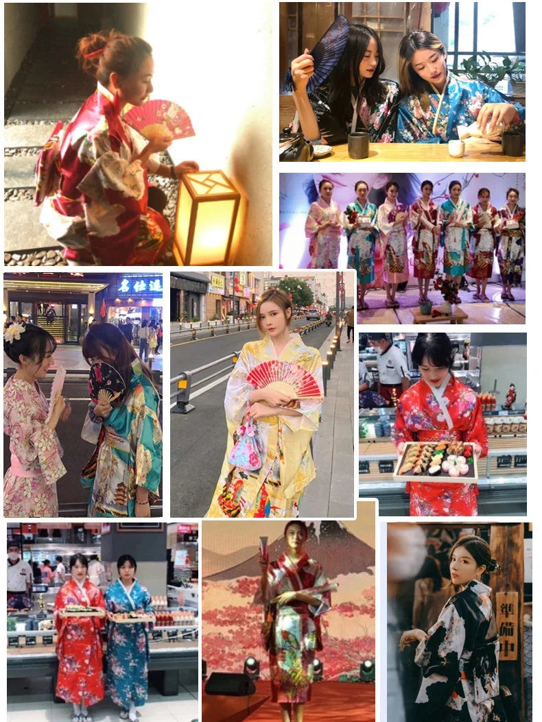 Japanese Traditional Kimono with Obi Yukata Print Flower Pajamas Women Silk Oversized Bathrobe Dress Vintage Stage Show Costume - Dhavinci