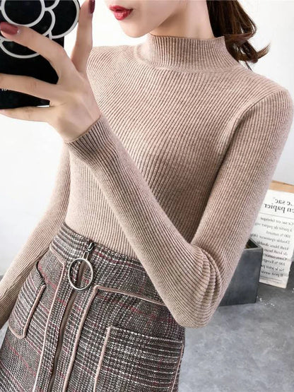 Autumn Winter Mock Neck Sweater | Vintage Solid Knit Pullover for Women - Dhavinci