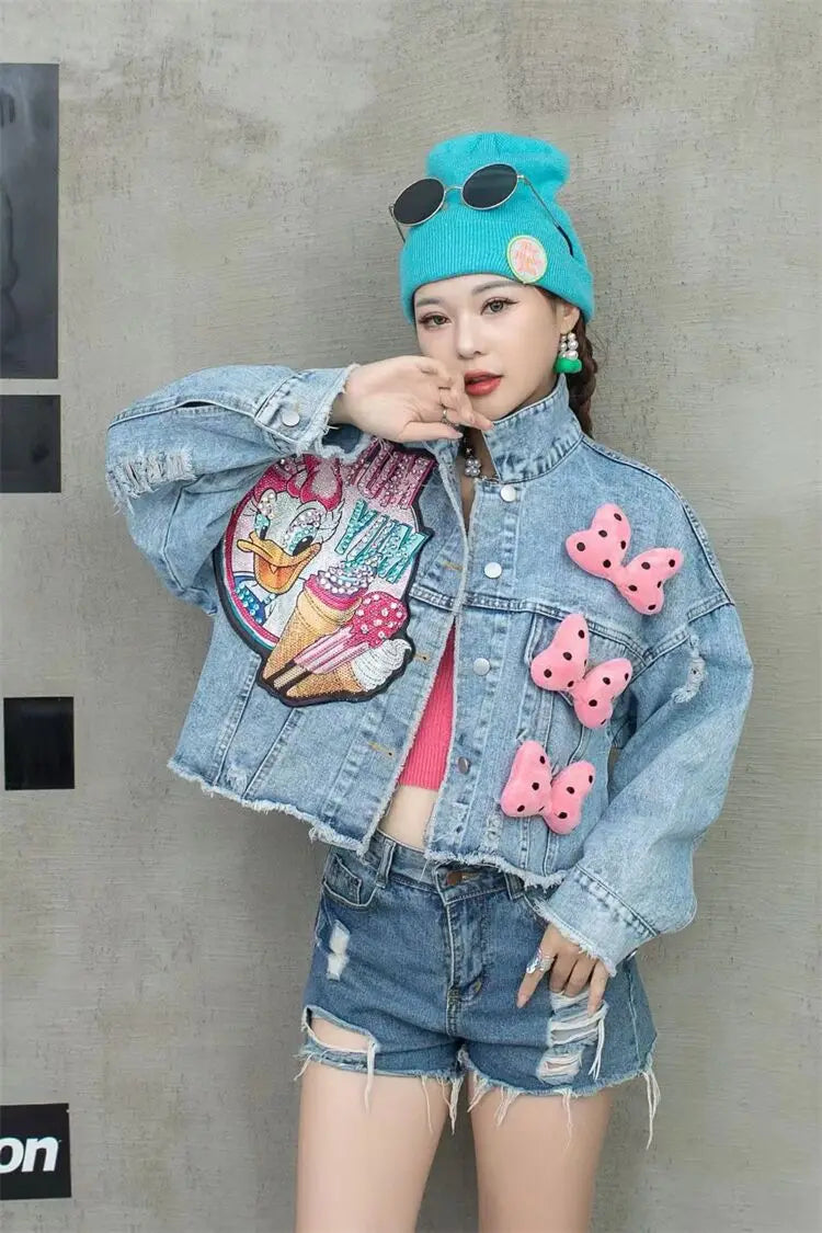 Cartoon Sticker Denim Jacket | Women’s Embroidered Sequin Coat - Dhavinci