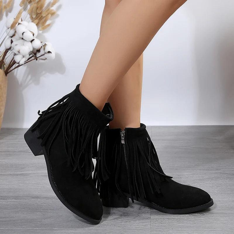 Vintage Fringe Western Cowboy Boots for Women | Faux Suede Ankle Boots - Dhavinci