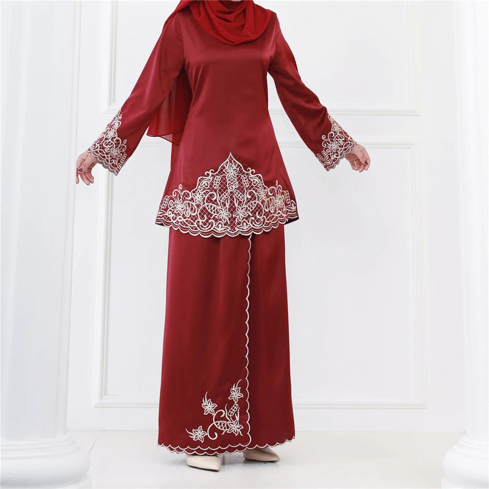 Muslim Long Sleeve Top & Skirt Set | Embroidered Baju Kurung Outfit - Dhavinci