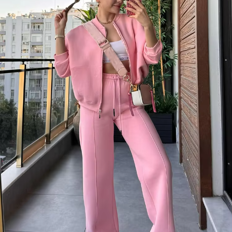 Women's Bomber Jacket & Pant Set | Elegant Casual Solid Suit